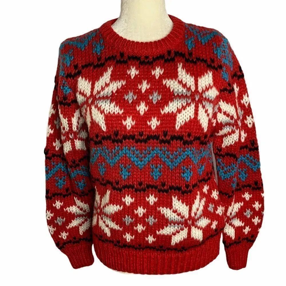 Chunky Hand Knitted Pullover Sweater M Red Acrylic